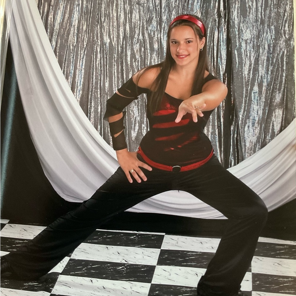Dance Class Black and Red Performance Pantsuit and Top with Cutout Sleeve